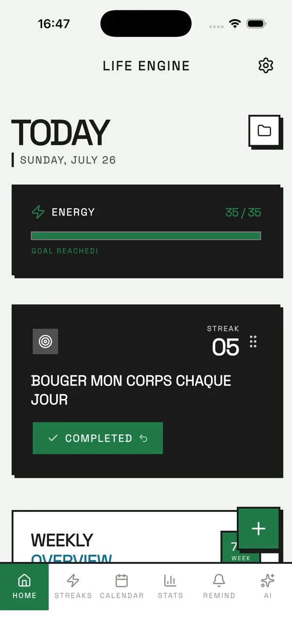 LifeEngine habit tracker in the Forest theme — the Today screen with the daily energy bar, a habit card and its streak