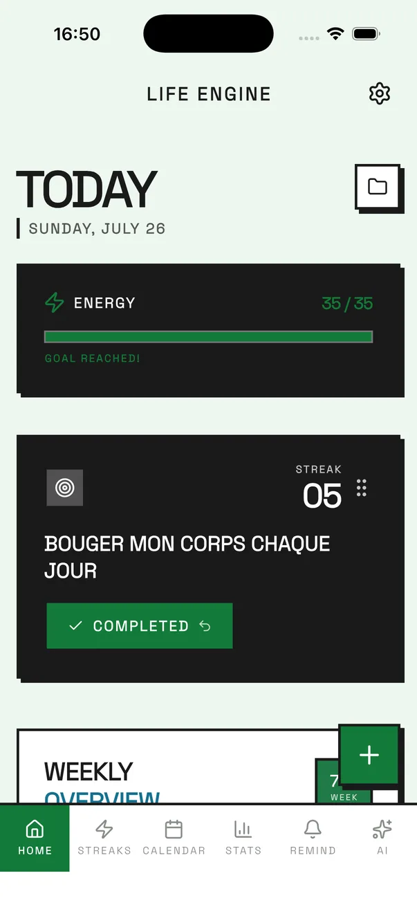 LifeEngine habit tracker in the Matrix theme — the Today screen with the daily energy bar, a habit card and its streak
