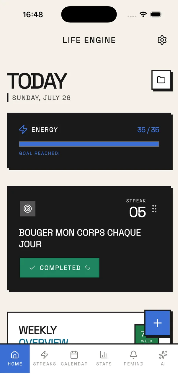LifeEngine habit tracker in the Midnight theme — the Today screen with the daily energy bar, a habit card and its streak