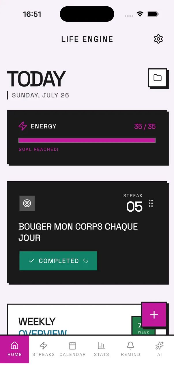 LifeEngine habit tracker in the Neon theme — the Today screen with the daily energy bar, a habit card and its streak