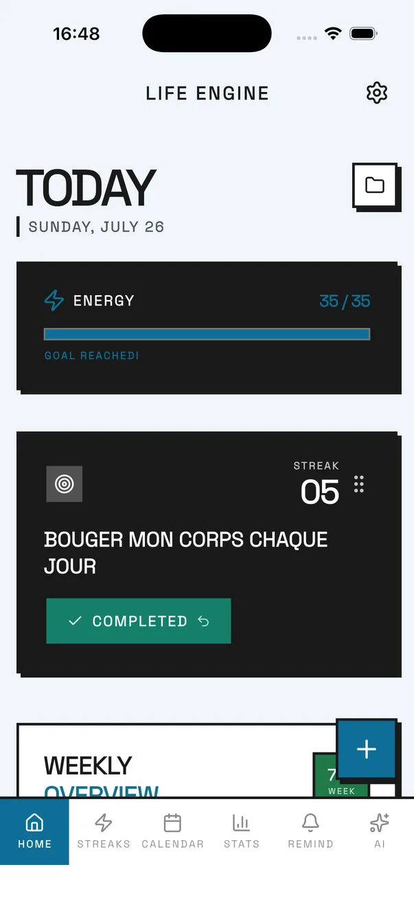 LifeEngine habit tracker in the Ocean theme — the Today screen with the daily energy bar, a habit card and its streak