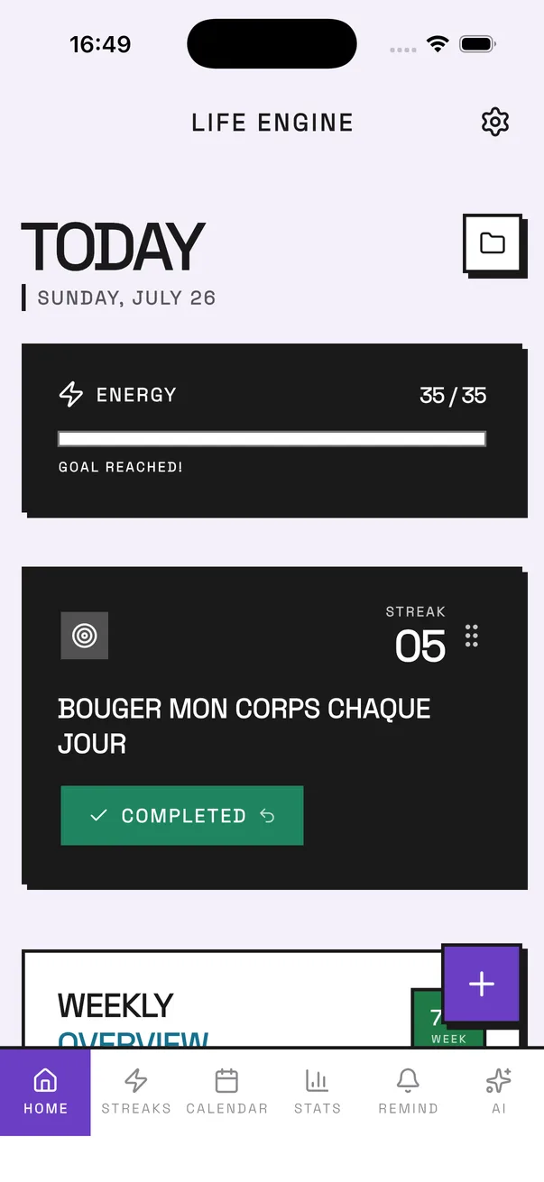 LifeEngine habit tracker in the Royal theme — the Today screen with the daily energy bar, a habit card and its streak