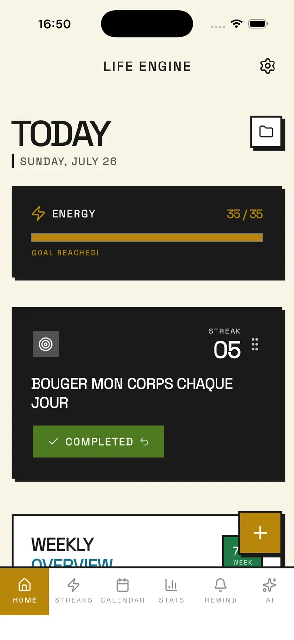 LifeEngine habit tracker in the Solar theme — the Today screen with the daily energy bar, a habit card and its streak